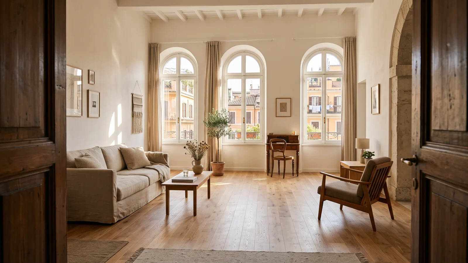 Salotto di un appartamento romano ristrutturato, con finestre ad arco e parquet chiaro