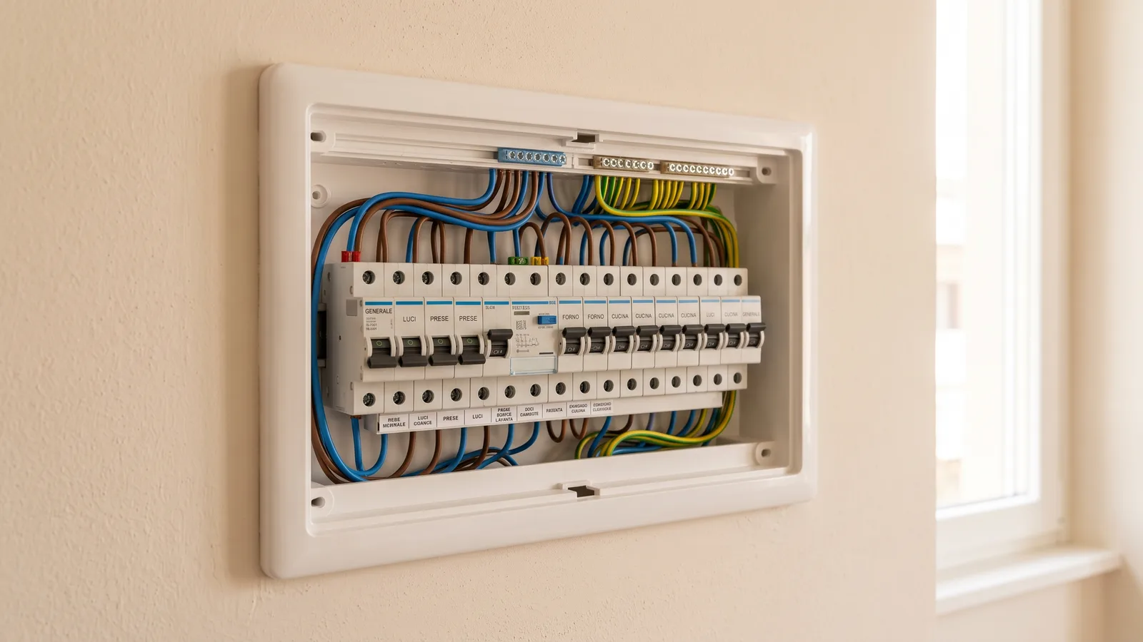 Quadro elettrico appena installato in un appartamento, con cablaggio ordinato e interruttori etichettati