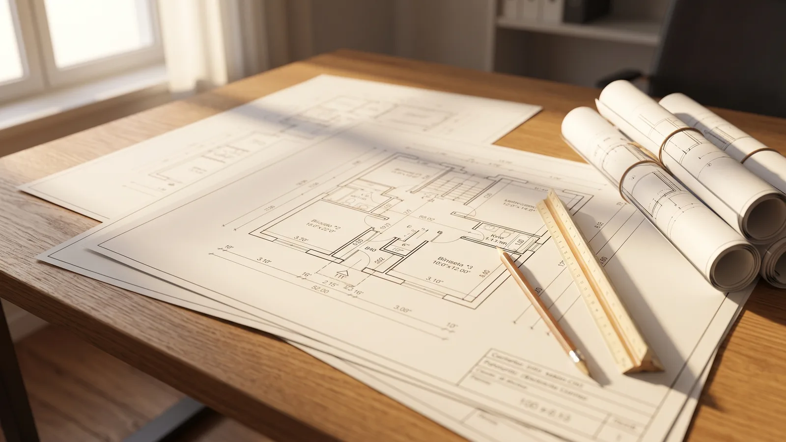 Disegni tecnici e planimetrie di un progetto edilizio su un tavolo
