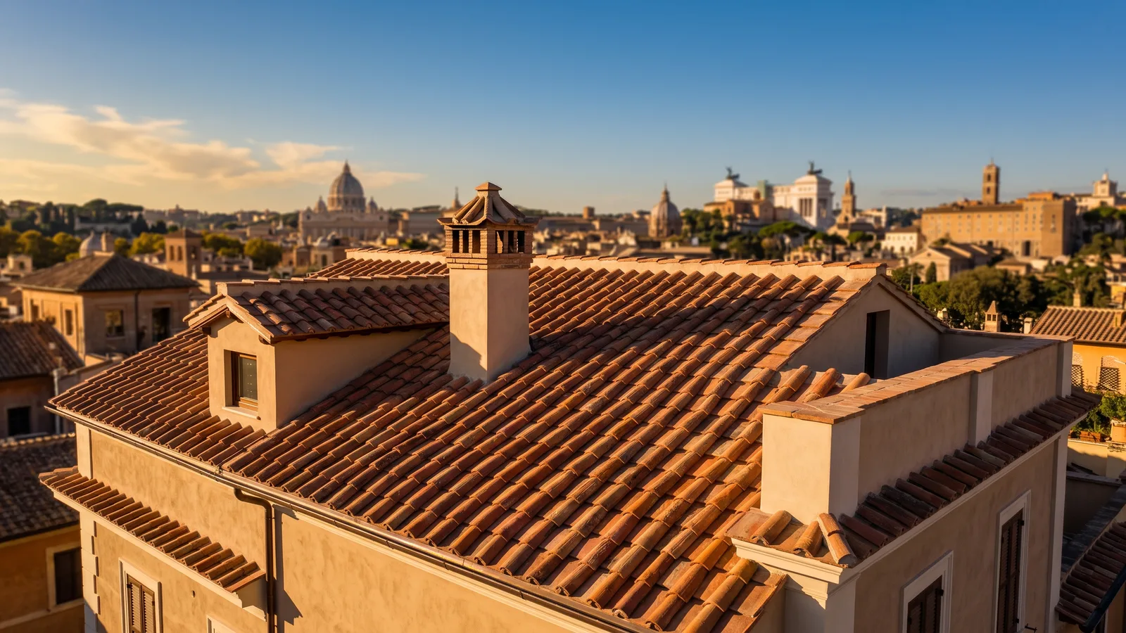 Tetti in tegole di un palazzo romano al tramonto, con la citta’ sullo sfondo